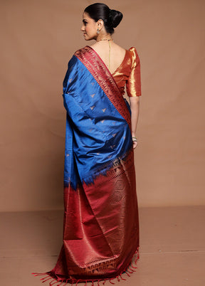 Blue Dupion Silk Saree With Blouse Piece