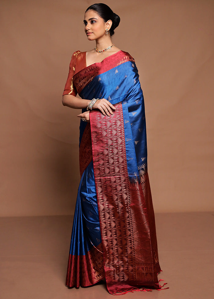 Blue Dupion Silk Saree With Blouse Piece