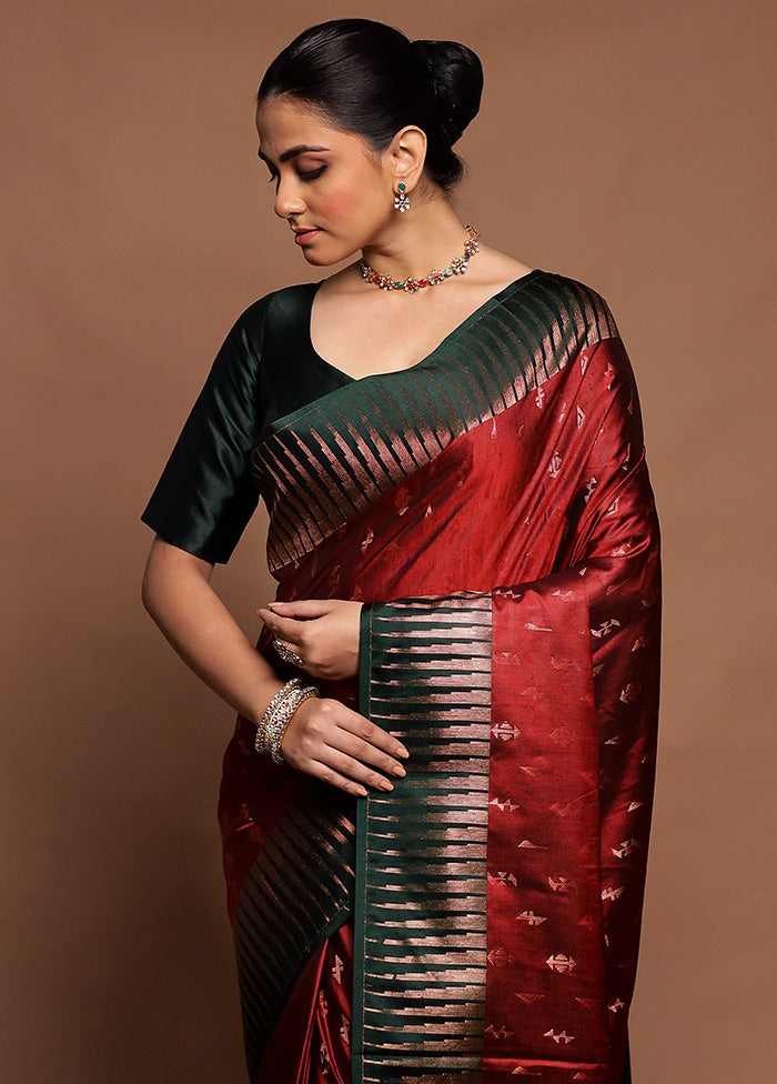 Maroon Dupion Silk Saree With Blouse Piece