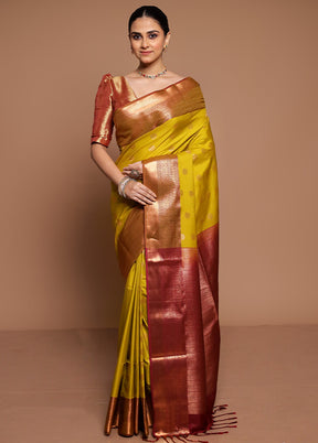 Yellow Dupion Silk Saree With Blouse Piece