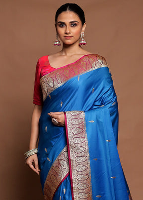 Blue Banarasi Silk Saree With Blouse Piece