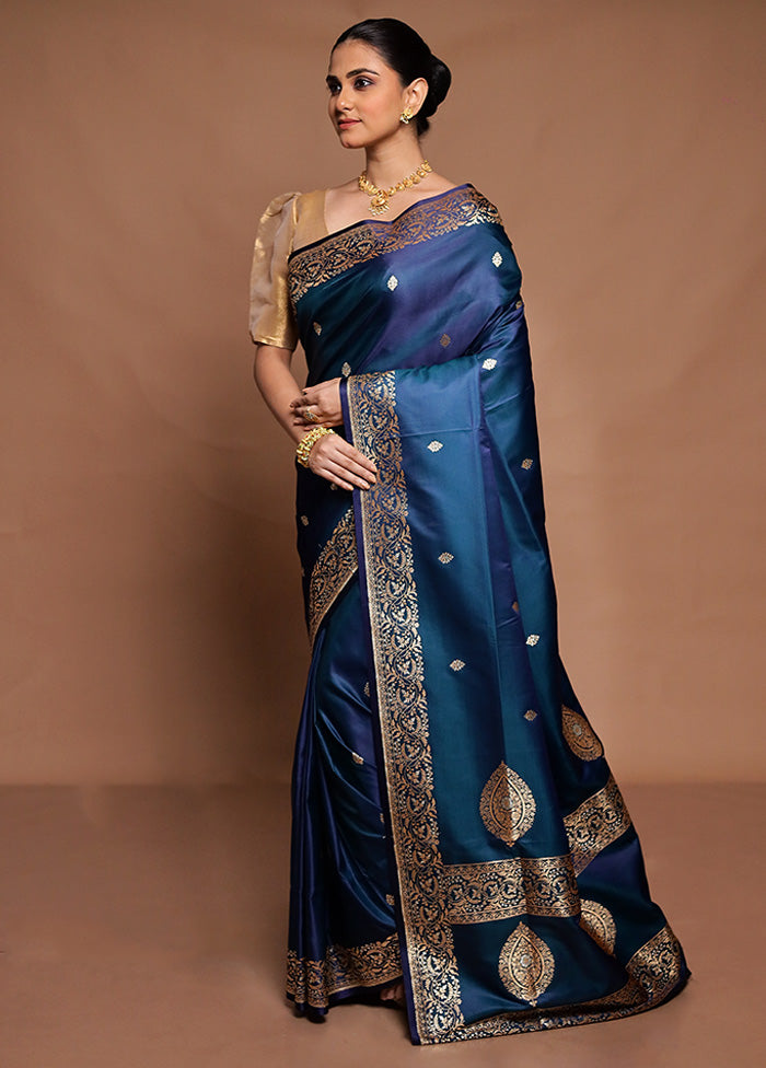 Blue Handloom Banarasi Pure Silk Saree With Blouse Piece