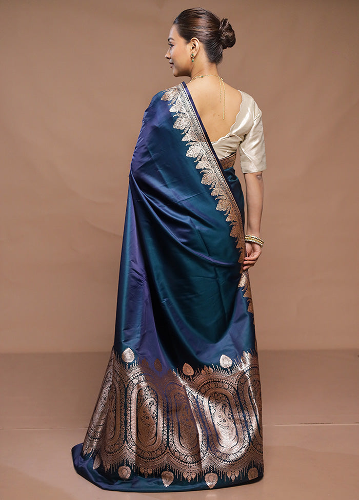 Blue Banarasi Silk Saree With Blouse Piece