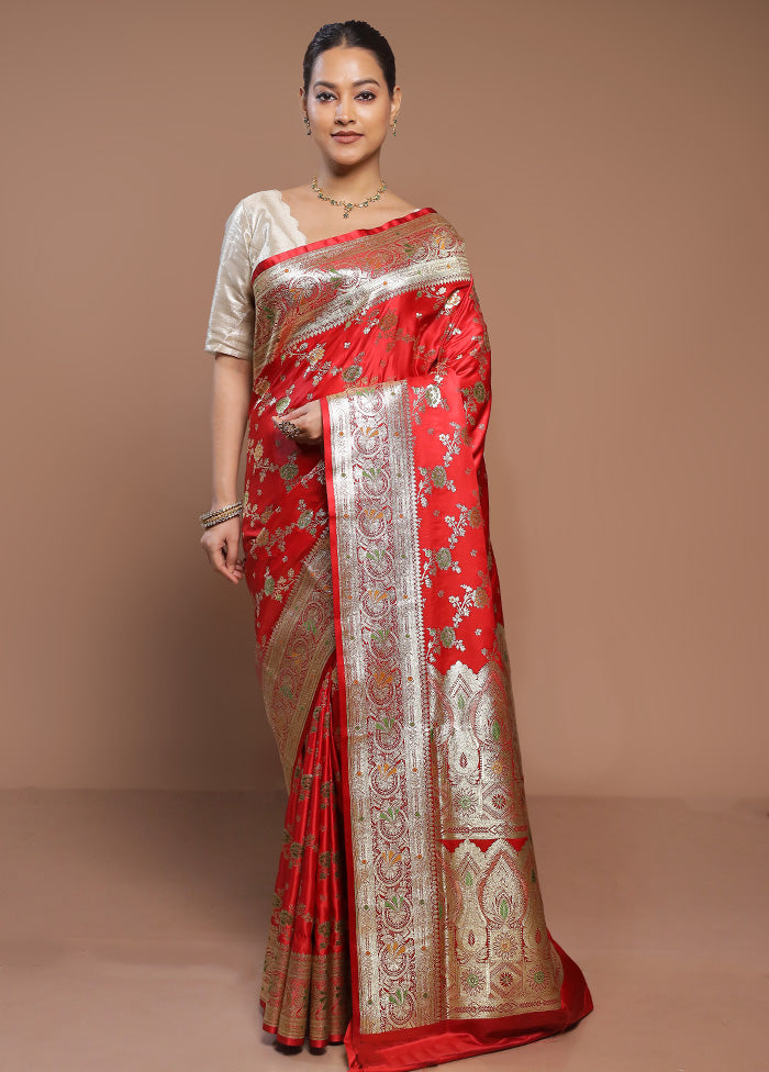 Red Banarasi Silk Saree With Blouse Piece