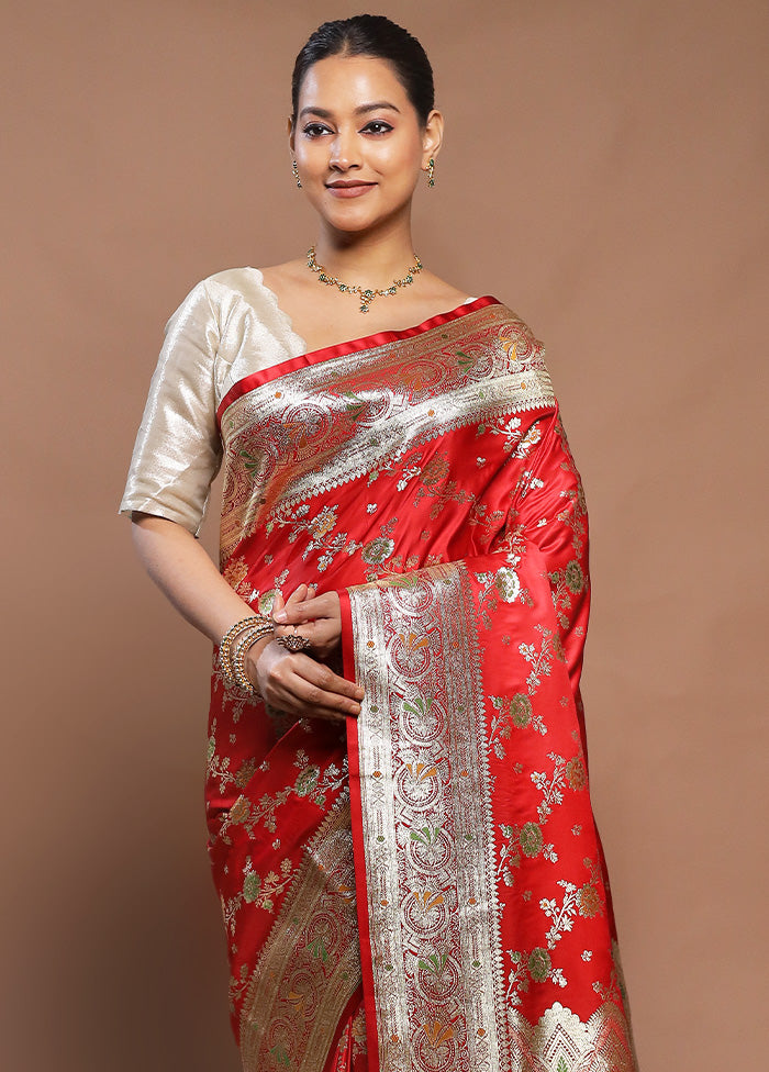 Red Banarasi Silk Saree With Blouse Piece