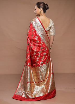 Red Banarasi Silk Saree With Blouse Piece