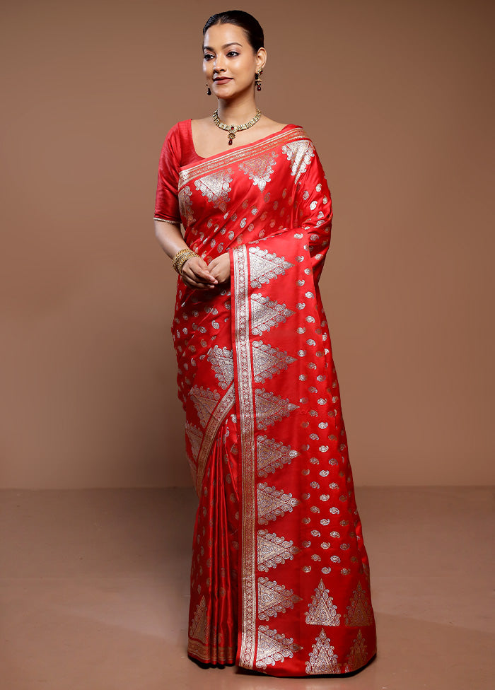 Red Banarasi Silk Saree With Blouse Piece