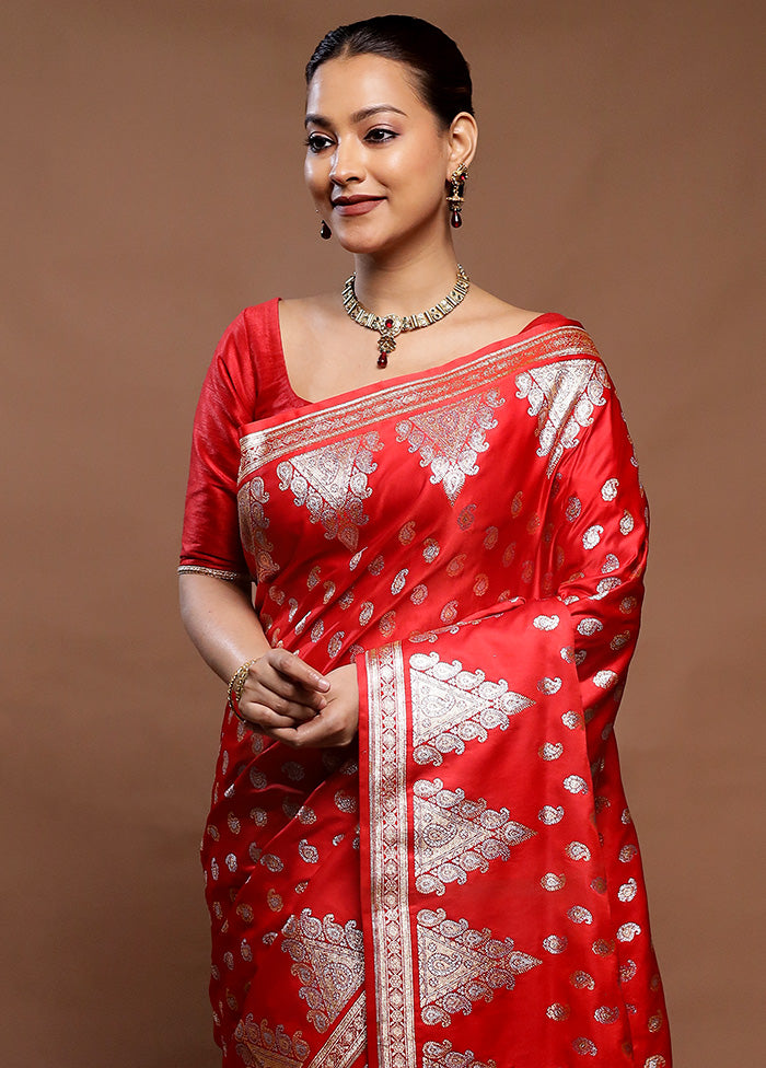 Red Banarasi Silk Saree With Blouse Piece