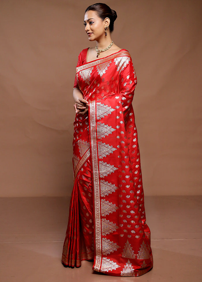 Red Banarasi Silk Saree With Blouse Piece