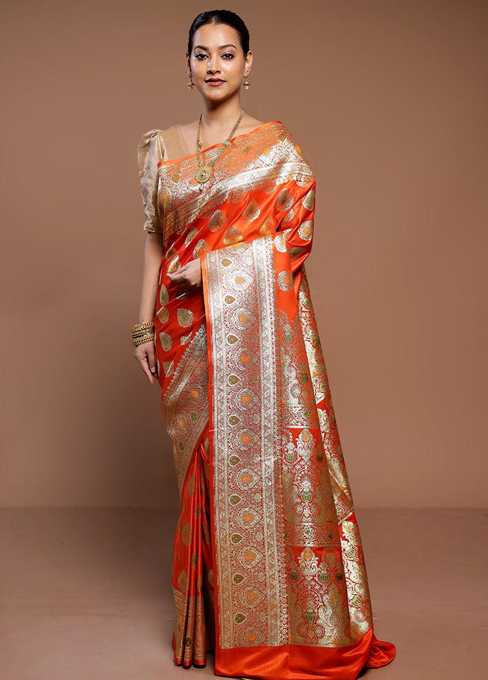 Orange Banarasi Silk Saree With Blouse Piece