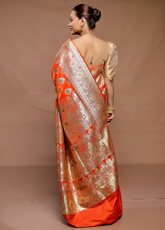 Orange Banarasi Silk Saree With Blouse Piece