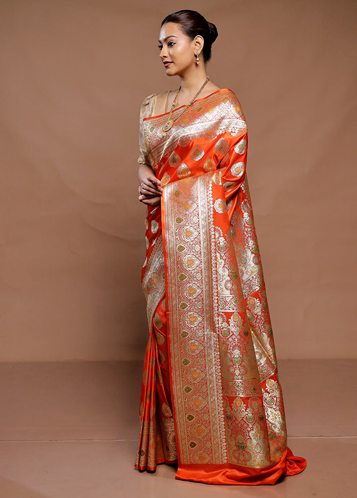 Orange Banarasi Silk Saree With Blouse Piece