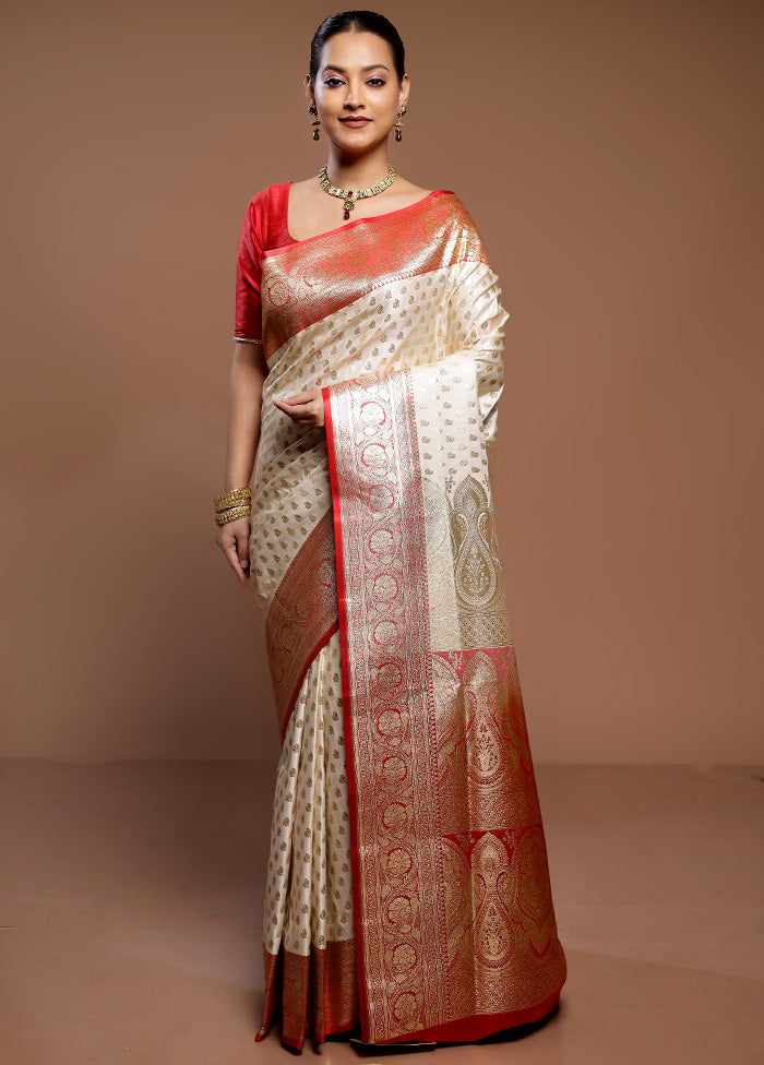 Cream Banarasi Silk Saree With Blouse Piece