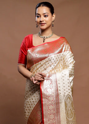 Cream Banarasi Silk Saree With Blouse Piece