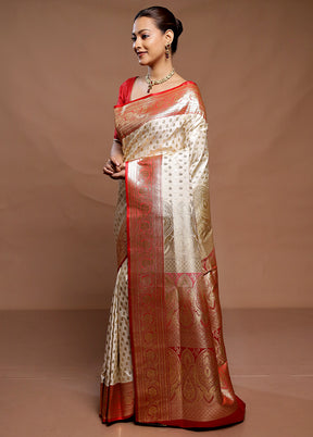 Cream Banarasi Silk Saree With Blouse Piece