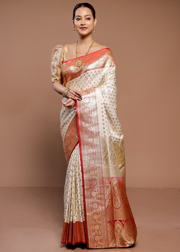 Cream Banarasi Silk Saree With Blouse Piece