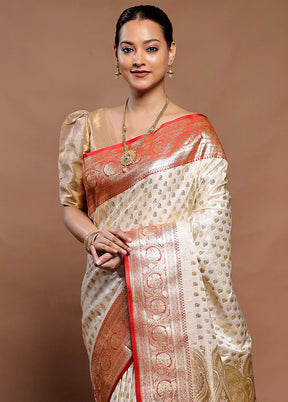 Cream Banarasi Silk Saree With Blouse Piece