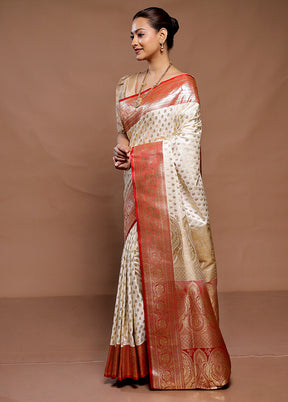 Cream Banarasi Silk Saree With Blouse Piece