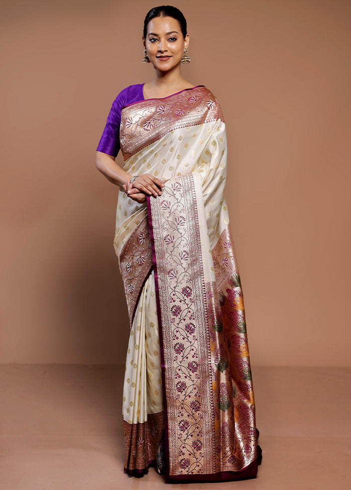 Cream Banarasi Silk Saree With Blouse Piece