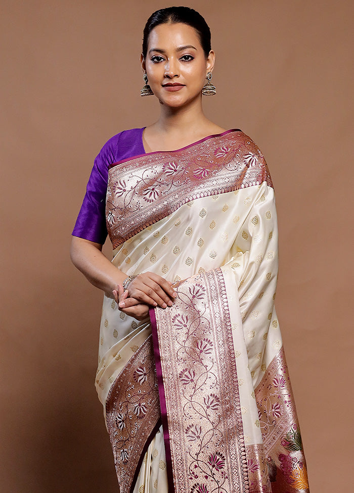 Cream Banarasi Silk Saree With Blouse Piece