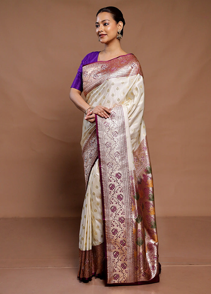 Cream Banarasi Silk Saree With Blouse Piece