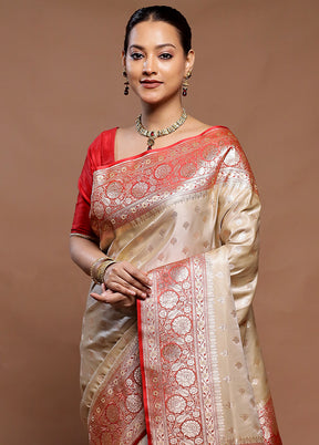 Cream Katan Silk Saree With Blouse Piece