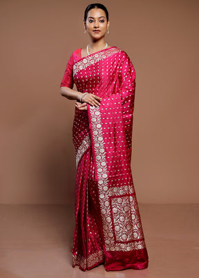 Pink Handloom Banarasi Pure Silk Saree With Blouse Piece