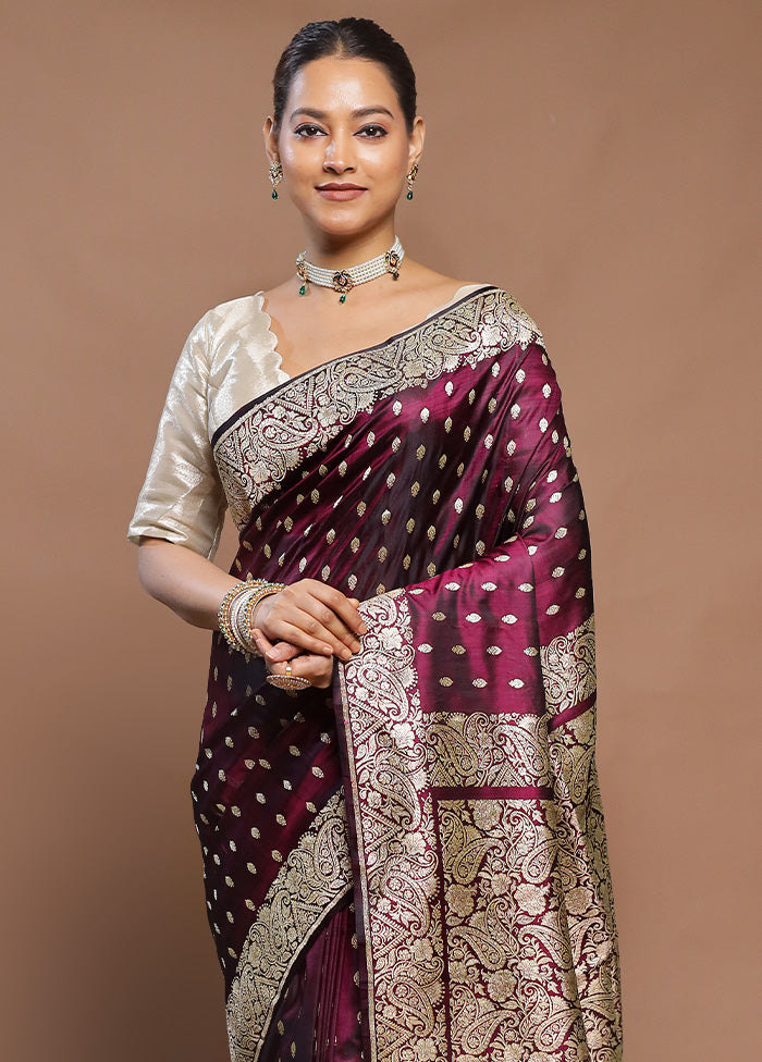 Wine  Handloom Banarasi Pure Silk Saree With Blouse Piece