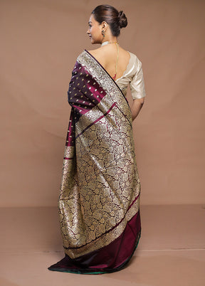 Wine  Handloom Banarasi Pure Silk Saree With Blouse Piece