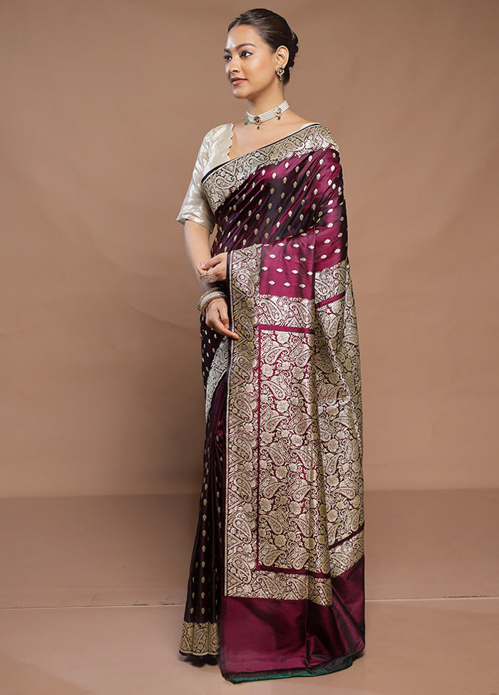 Wine  Handloom Banarasi Pure Silk Saree With Blouse Piece