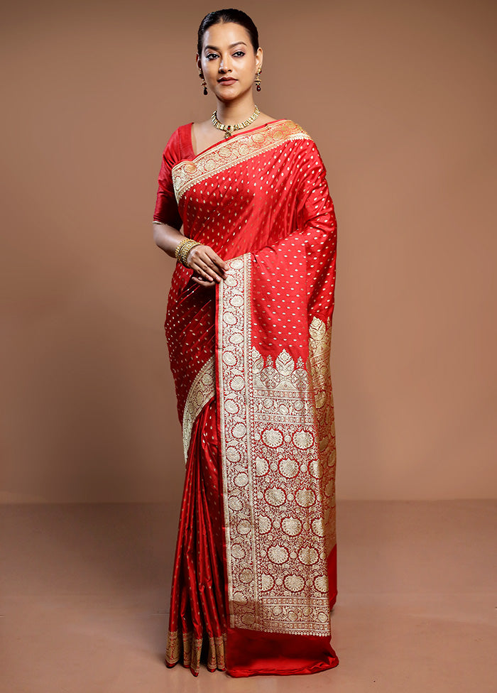 Red Handloom Banarasi Pure Silk Saree With Blouse Piece