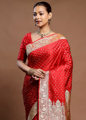 Red Handloom Banarasi Pure Silk Saree With Blouse Piece