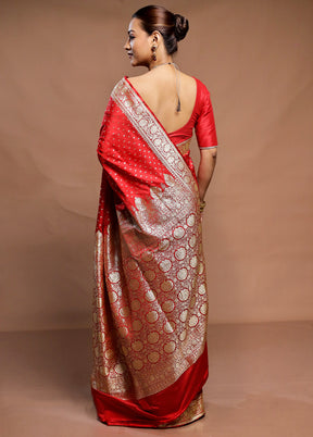 Red Handloom Banarasi Pure Silk Saree With Blouse Piece