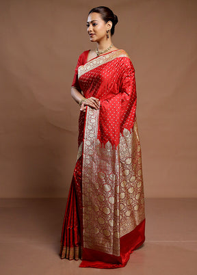 Red Handloom Banarasi Pure Silk Saree With Blouse Piece