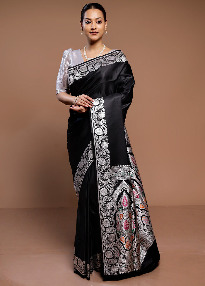 Black Handloom Banarasi Pure Silk Saree With Blouse Piece