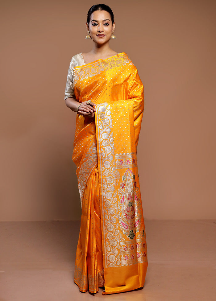 Yellow Handloom Banarasi Pure Silk Saree With Blouse Piece