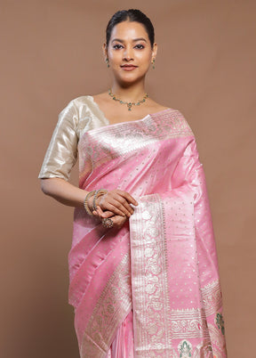 Pink Handloom Banarasi Pure Silk Saree With Blouse Piece