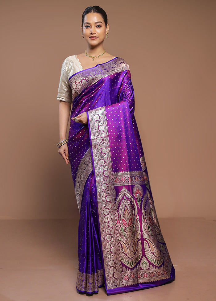 Purple Handloom Banarasi Pure Silk Saree With Blouse Piece