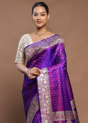 Purple Handloom Banarasi Pure Silk Saree With Blouse Piece