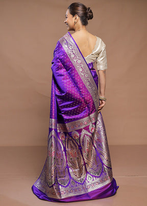 Purple Handloom Banarasi Pure Silk Saree With Blouse Piece