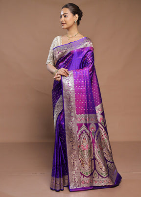 Purple Handloom Banarasi Pure Silk Saree With Blouse Piece