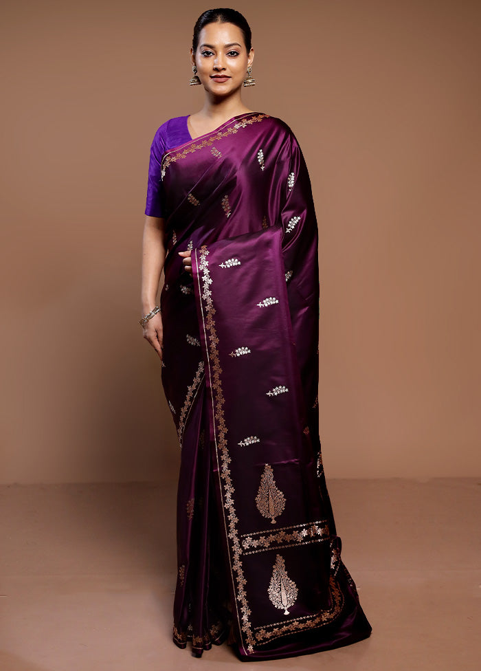 Purple Handloom Banarasi Pure Silk Saree With Blouse Piece