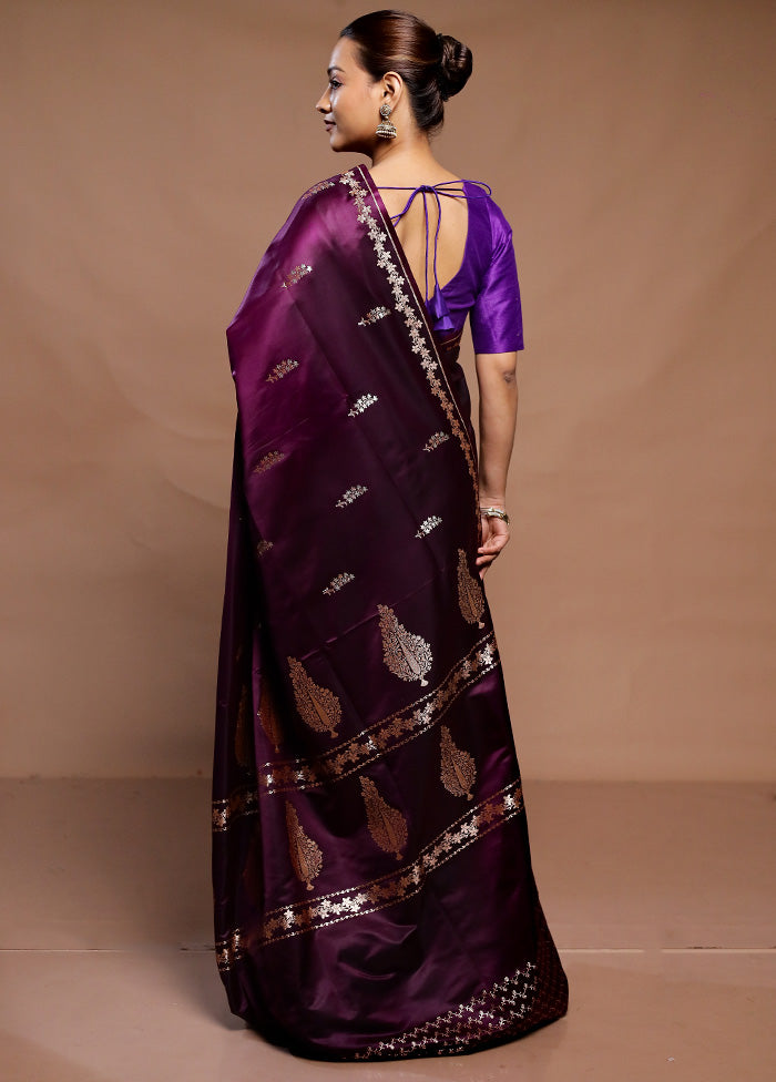 Purple Handloom Banarasi Pure Silk Saree With Blouse Piece