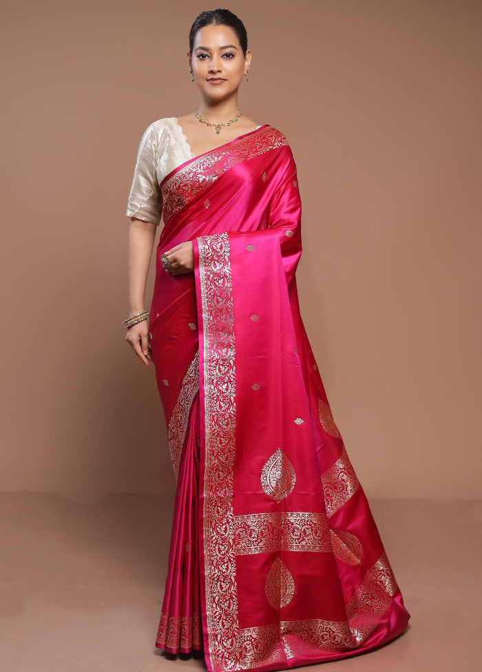 Pink Handloom Banarasi Pure Silk Saree With Blouse Piece