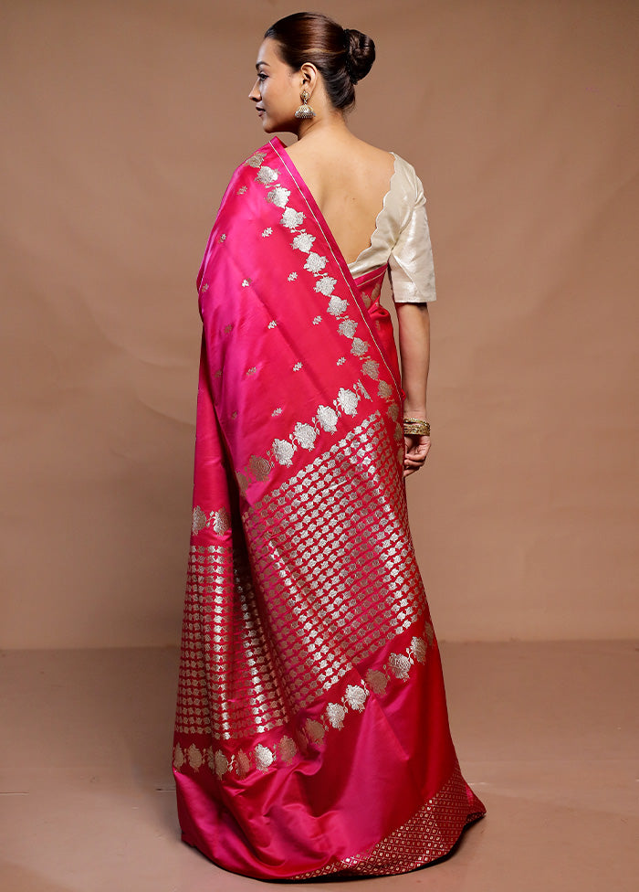 Pink Handloom Banarasi Pure Silk Saree With Blouse Piece