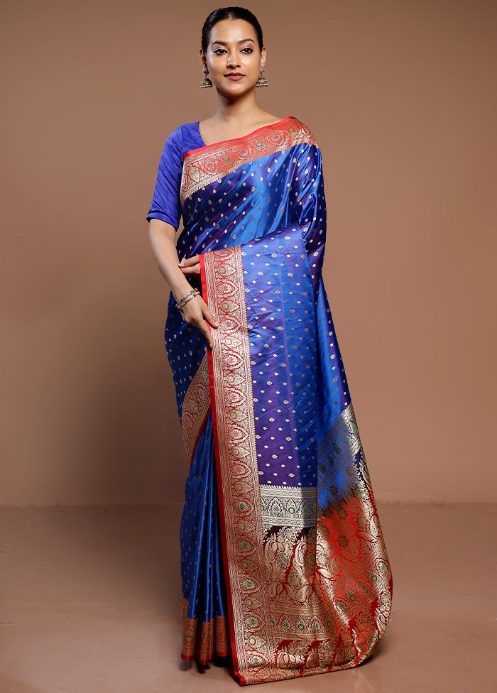 Blue Handloom Banarasi Pure Silk Saree With Blouse Piece