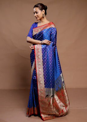 Blue Handloom Banarasi Pure Silk Saree With Blouse Piece