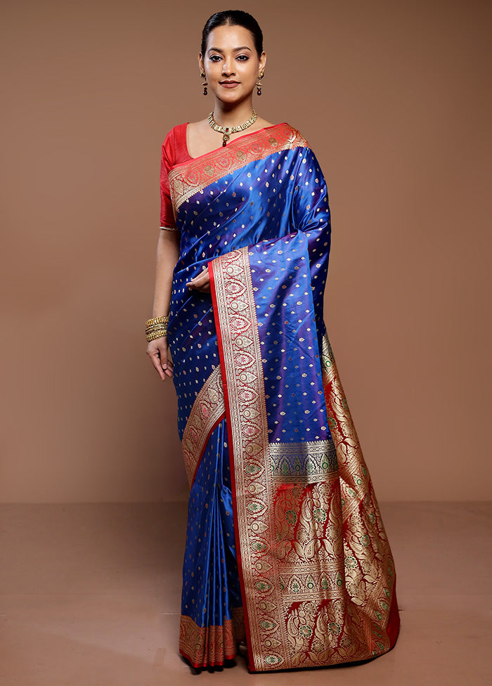 Blue Handloom Banarasi Pure Silk Saree With Blouse Piece