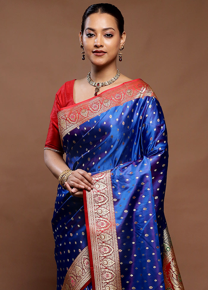 Blue Handloom Banarasi Pure Silk Saree With Blouse Piece