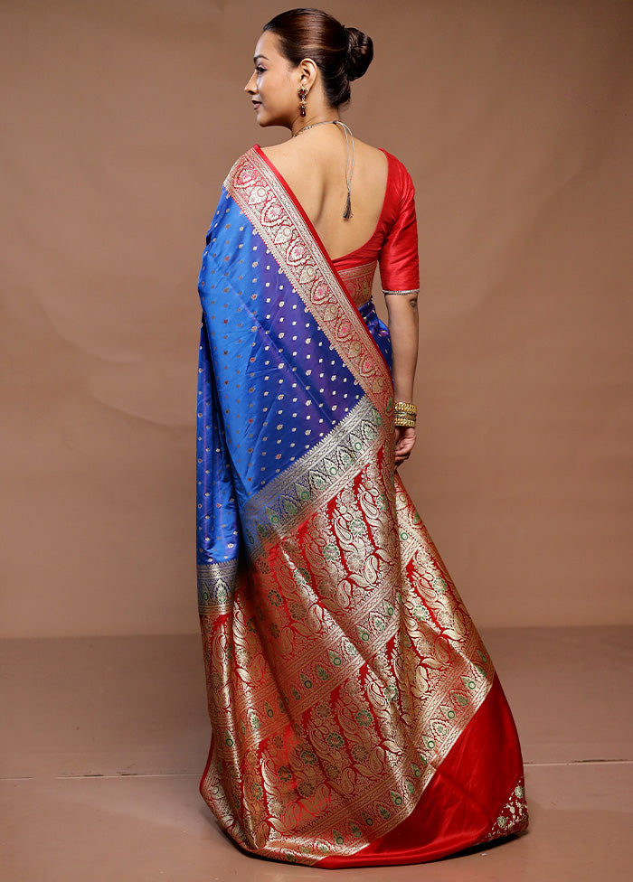 Blue Handloom Banarasi Pure Silk Saree With Blouse Piece